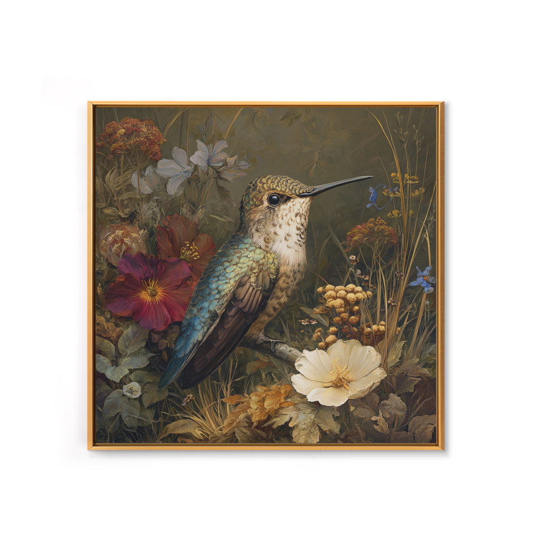 Hummingbird Beside Bright Flowers Framed Canvas Print, Wildlife Art, Bird Art, Living Room Decor, Watercolor Art, Wild, WIL-1x1-64