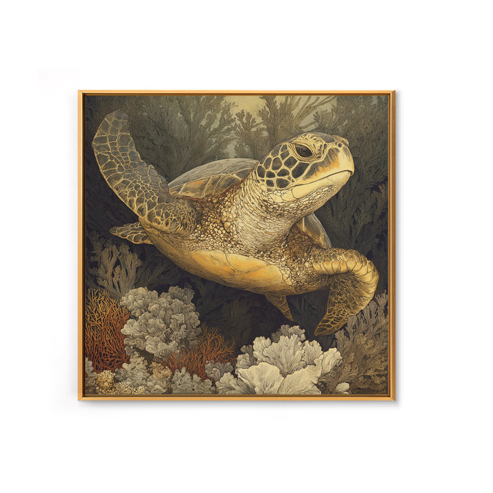 Sea Turtle over Coral Reef Framed Canvas Print, Wildlife Art, Digital Download Art, Living Room Decor, Abstract Art, Wild, WIL-1x1-66