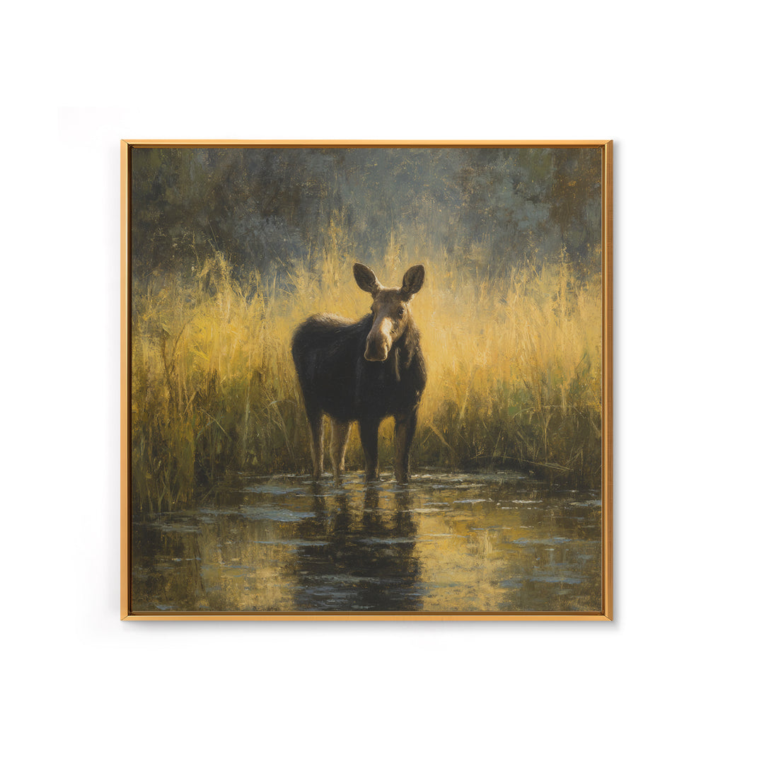 Moose Standing in Reflective Lake Framed Canvas Print, Wildlife Art, Gallery Decor, Living Room Decor, Fine Art, Wild, WIL-1x1-67