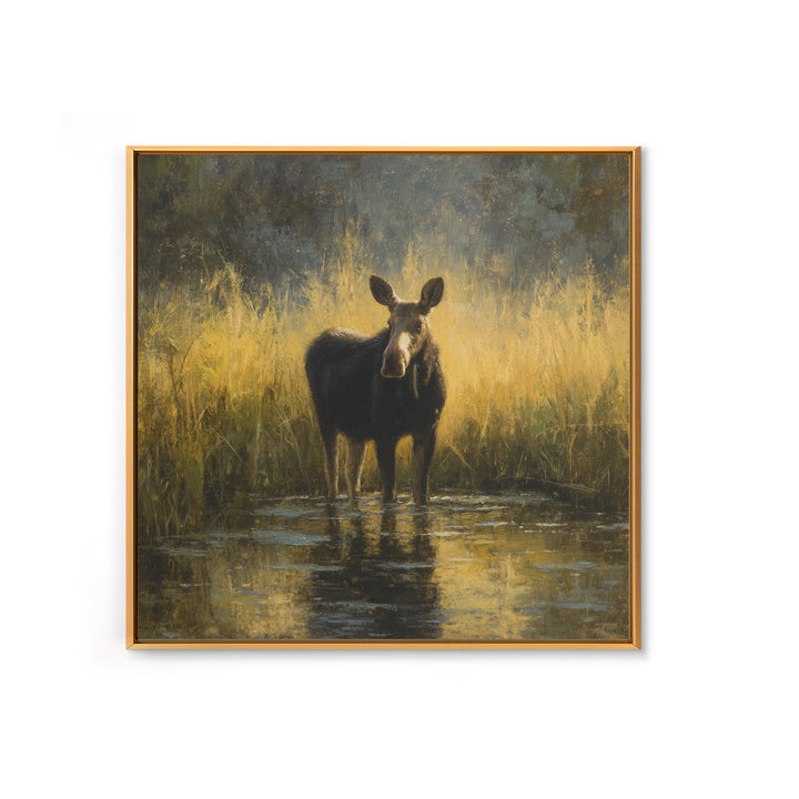Moose Standing in Reflective Lake Framed Canvas Print, Wildlife Art, Gallery Decor, Living Room Decor, Fine Art, Wild, WIL-1x1-67
