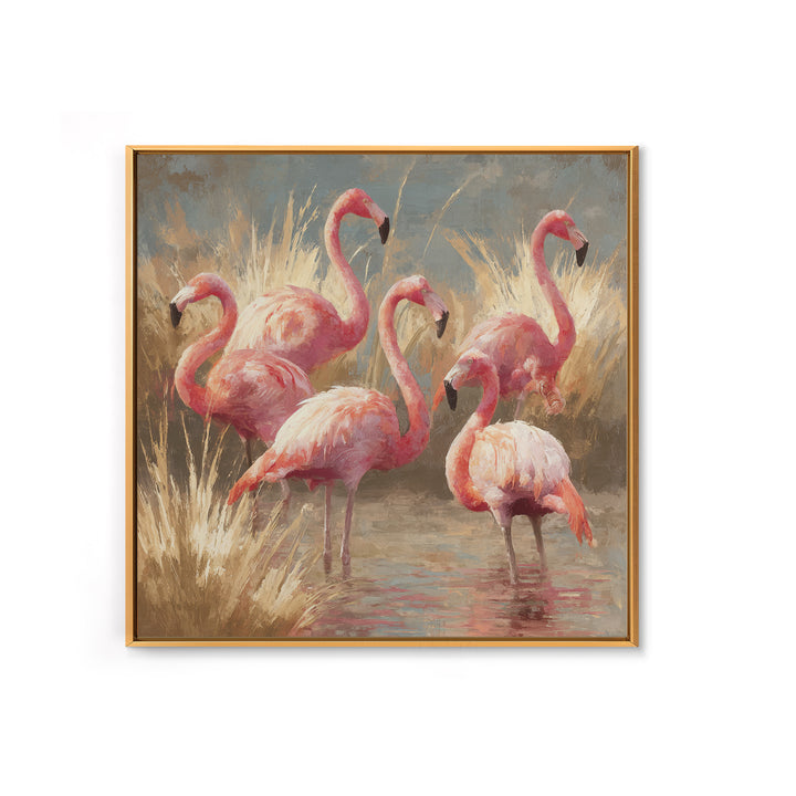 Flamingos in Pink Shallow Water Framed Canvas Print, Wildlife Art, Living Room Art, Living Room Decor, Fine Art, Wild, WIL-1x1-70