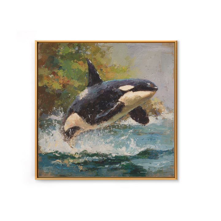 Orca Breaching in Cold Ocean Framed Canvas Print, Wildlife Art, Nature Wall Art, Living Room Decor, Fine Art, Wild, Art Print, WIL-1x1-71