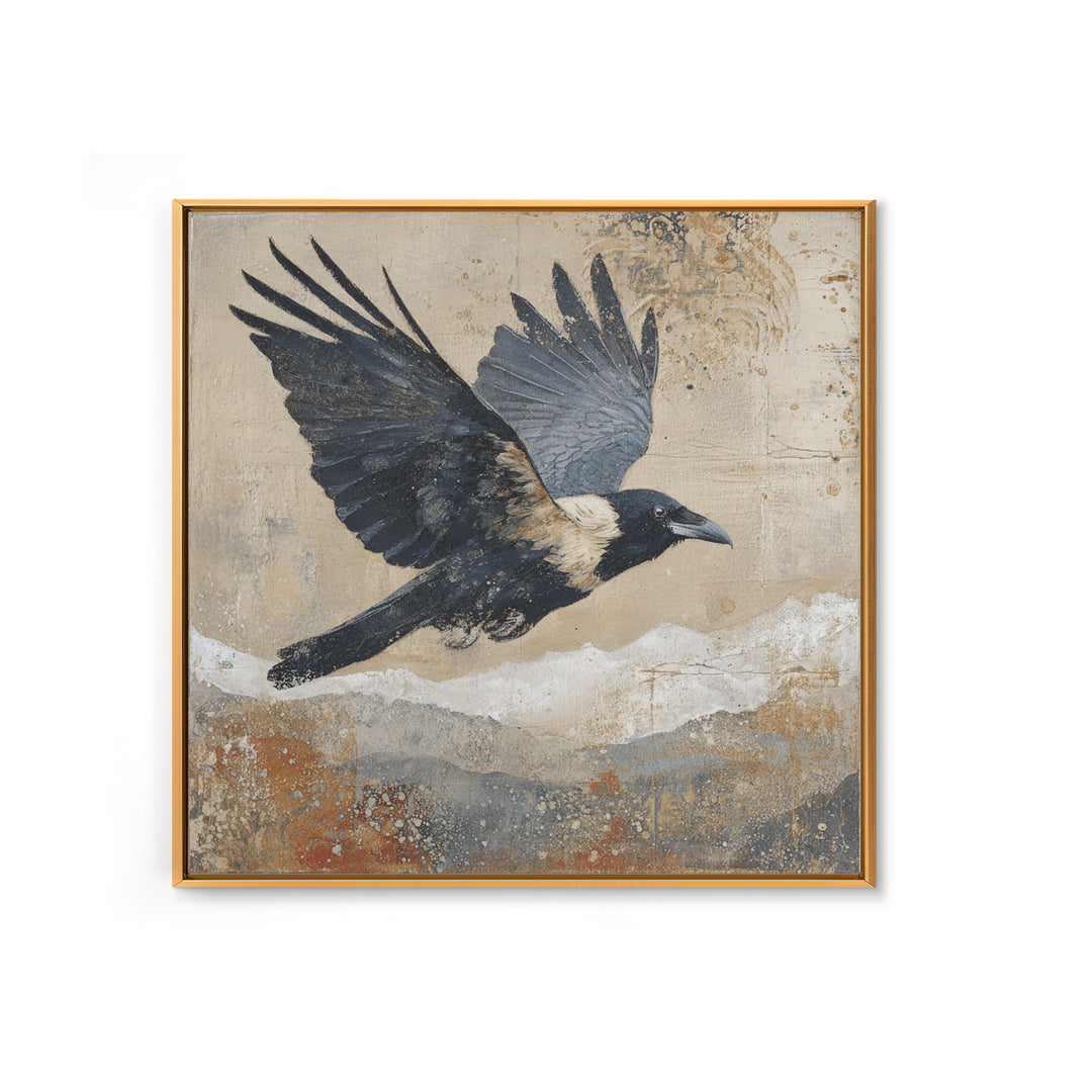 Raven Flying Through Snowy Mountains Framed Canvas Print, Wildlife Art, Bird Wall Art, Living Room Decor, Fine Art, Wild, WIL-1x1-72