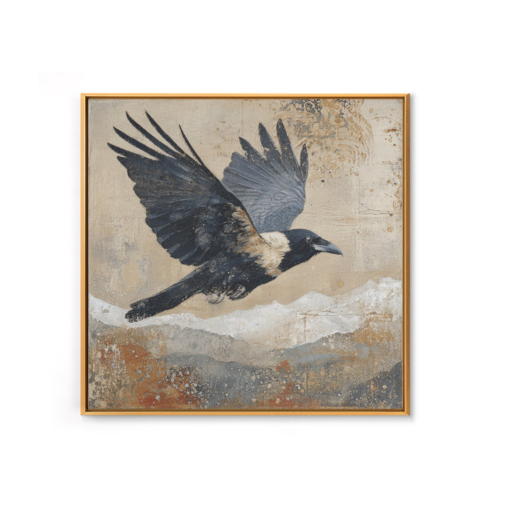 Raven Flying Through Snowy Mountains Framed Canvas Print, Wildlife Art, Bird Wall Art, Living Room Decor, Fine Art, Wild, WIL-1x1-72