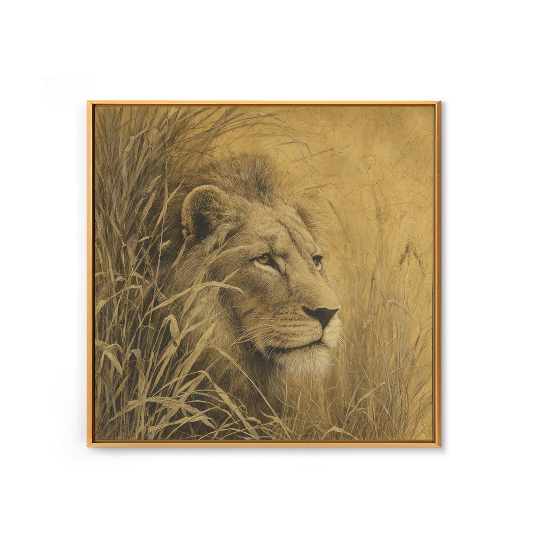 Lion Emerging from Golden Savanna Grass Framed Canvas Print, Wildlife Art, Art Print, Living Room Decor, Watercolor Art, Wild, WIL-1x1-73