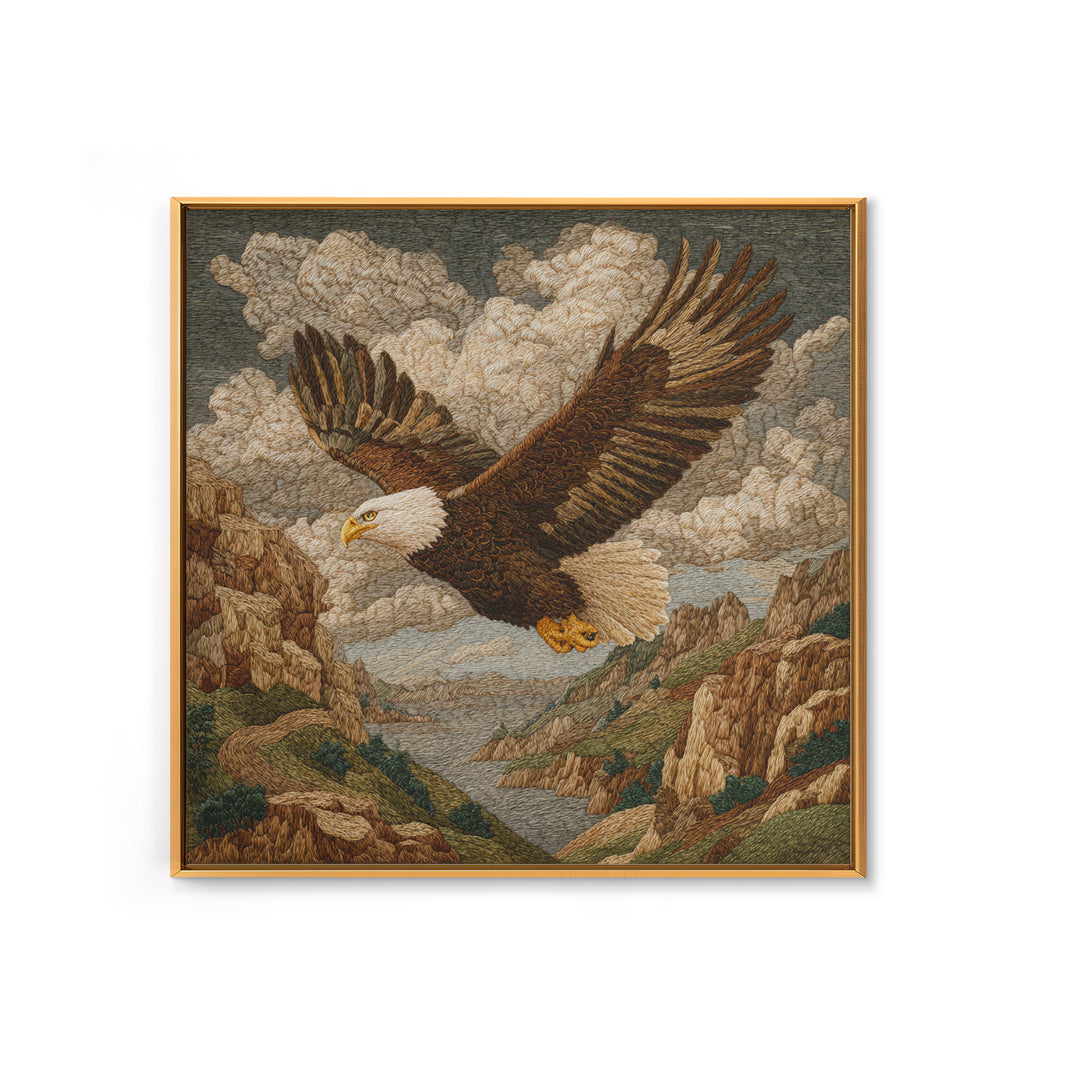 Eagle Soaring Above Rocky Cliffs Framed Canvas Print, Wildlife Art, Gallery Decor, Living Room Decor, Fine Art, Wild, WIL-1x1-78