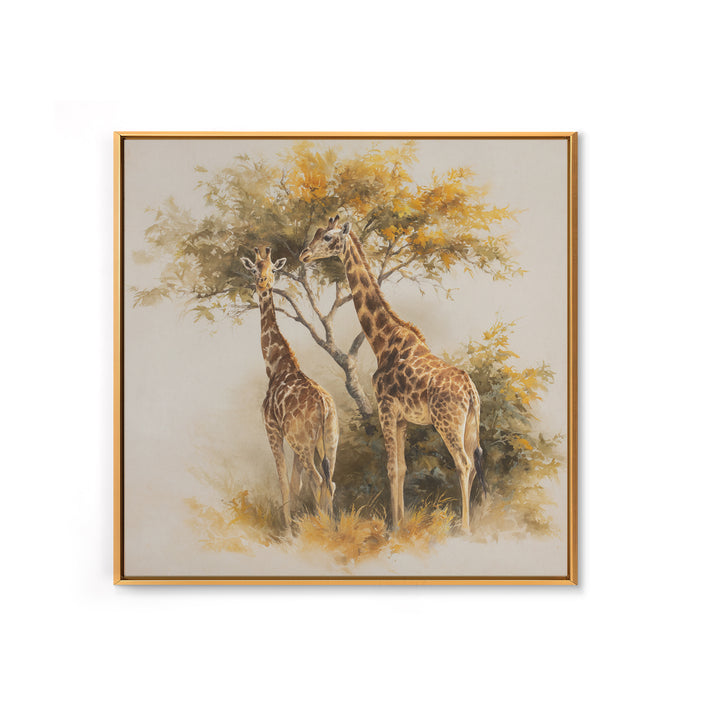 Giraffe Pair under Acacia Tree Framed Canvas Print, Wildlife Art, Fine Art Print, Living Room Decor, Oil Painting, Wild, WIL-1x1-79