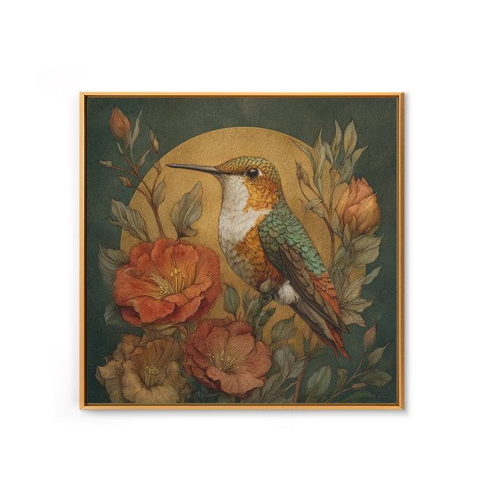 Hummingbird Beside Bright Flowers Framed Canvas Print, Wildlife Art, Textured Painting, Living Room Decor, Oil Painting, Wild, WIL-1x1-88