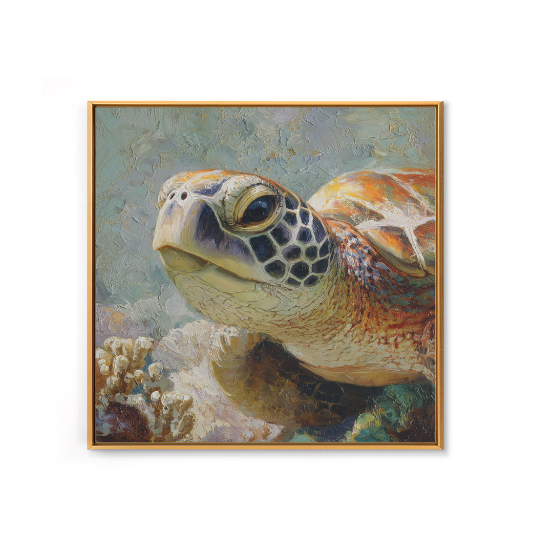 Sea Turtle over Coral Reef Canvas Print, Wildlife Art, Forest Wall Art, Living Room Decor, Fine Art, Wild, Textured Painting, WIL-1x1-90
