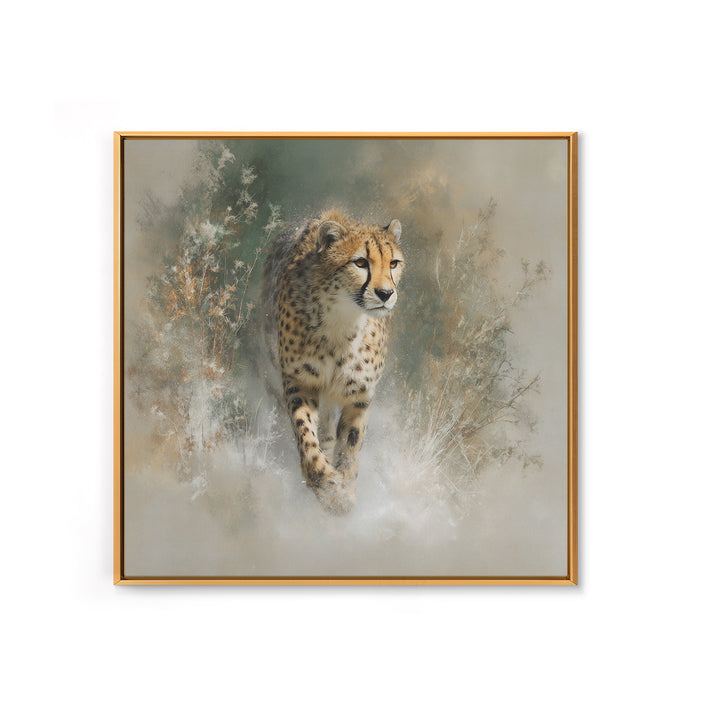 Cheetah Running Through Warm Dust Framed Canvas Print, Wildlife Art, Luxury Decor, Living Room Decor, Oil Painting, Wild, WIL-1x1-93