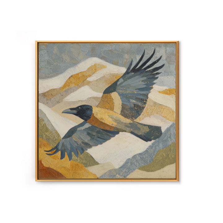 Raven Flying Through Snowy Mountains Framed Canvas Print, Wildlife Art, Painting, Living Room Decor, Watercolor Art, Wild, WIL-1x1-96