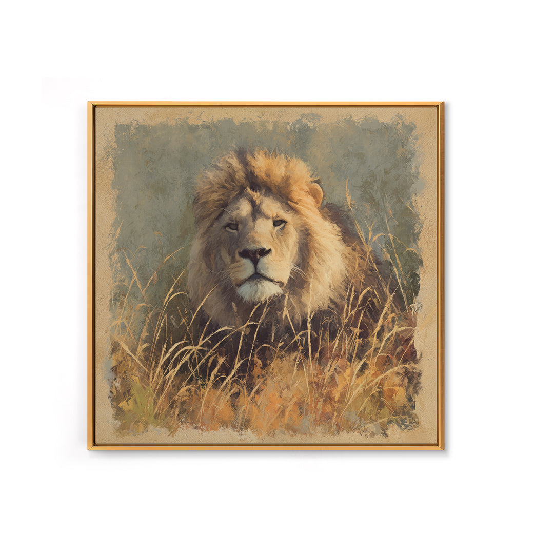 Lion Emerging from Golden Savanna Grass Canvas Print, Wildlife Art, Wall Art, Living Room Decor, Oil Painting, Wild, WIL-1x1-97