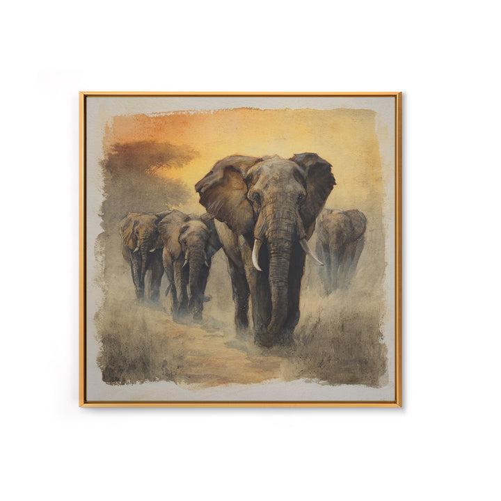 Elephant Herd Walking Through Dusty Sunset Canvas Print, Wildlife Art, Boho Decor, Living Room Decor, Fine Art, Wild, WIL-1x1-98