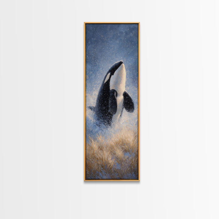 Orca Breaching in Cold Ocean Canvas Print, Wildlife Art, Modern Wall Art, Living Room Decor, Fine Art, Wild, Bird Wall Art, WIL-1x3-11