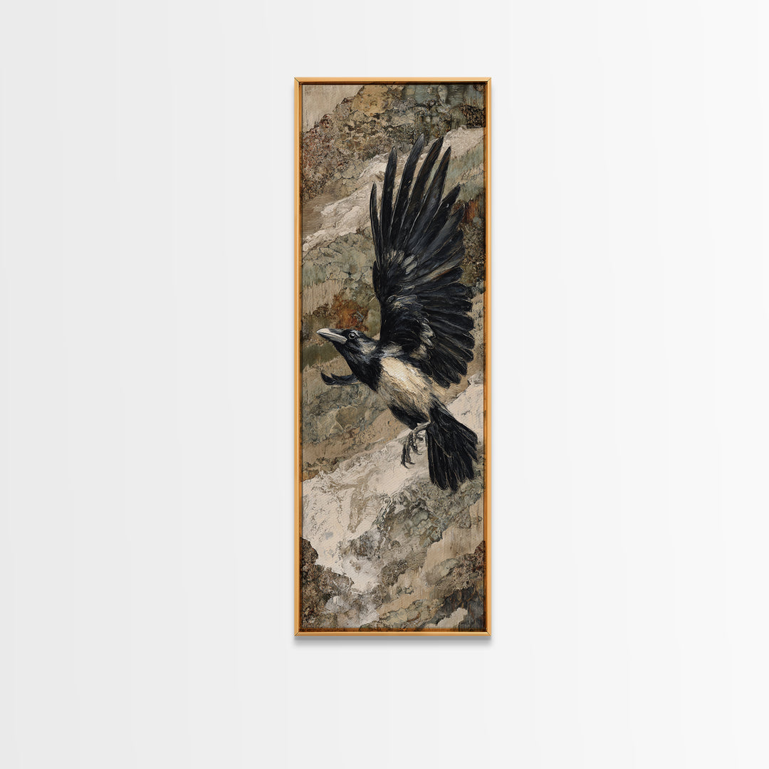 Raven Flying Through Snowy Mountains Canvas Print, Wildlife Art, Boho Decor, Living Room Decor, Fine Art, Wild, Painting, WIL-1x3-12