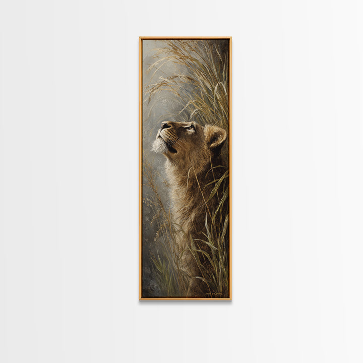 Lion Emerging from Golden Savanna Grass Canvas Print, Wildlife Art, Statement Artwork, Living Room Decor, Fine Art, Wild, WIL-1x3-13