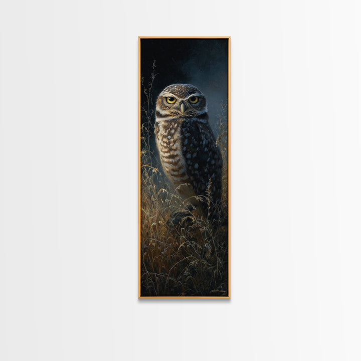 Owl Perched in Moonlit Woodland Framed Canvas Print, Wildlife Art, Art Print, Living Room Decor, Wild, Digital Wall Art, WIL-1x3-24