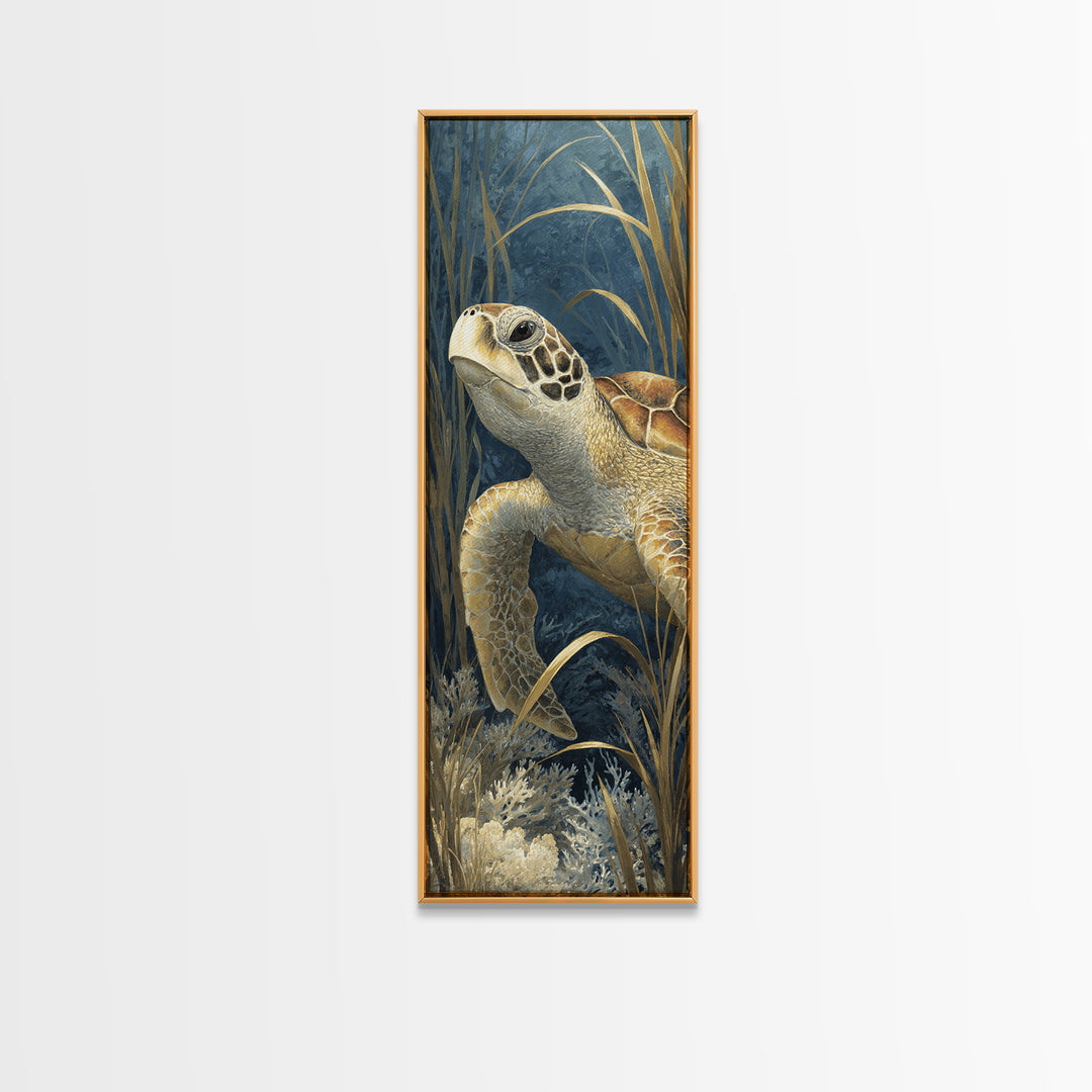 Sea Turtle over Coral Reef Framed Canvas Print, Wildlife Art, Canvas Painting, Living Room Decor, Oil Painting, Wild, WIL-1x3-30