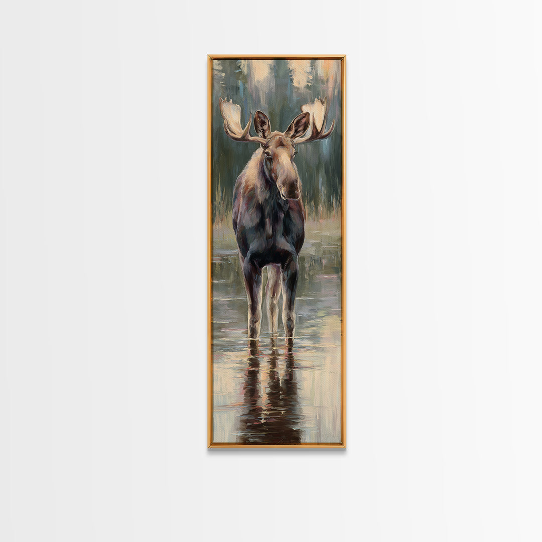Moose Standing in Reflective Lake Framed Canvas Print, Wildlife Art, Wall Hangings, Living Room Decor, Watercolor Art, Wild, WIL-1x3-31