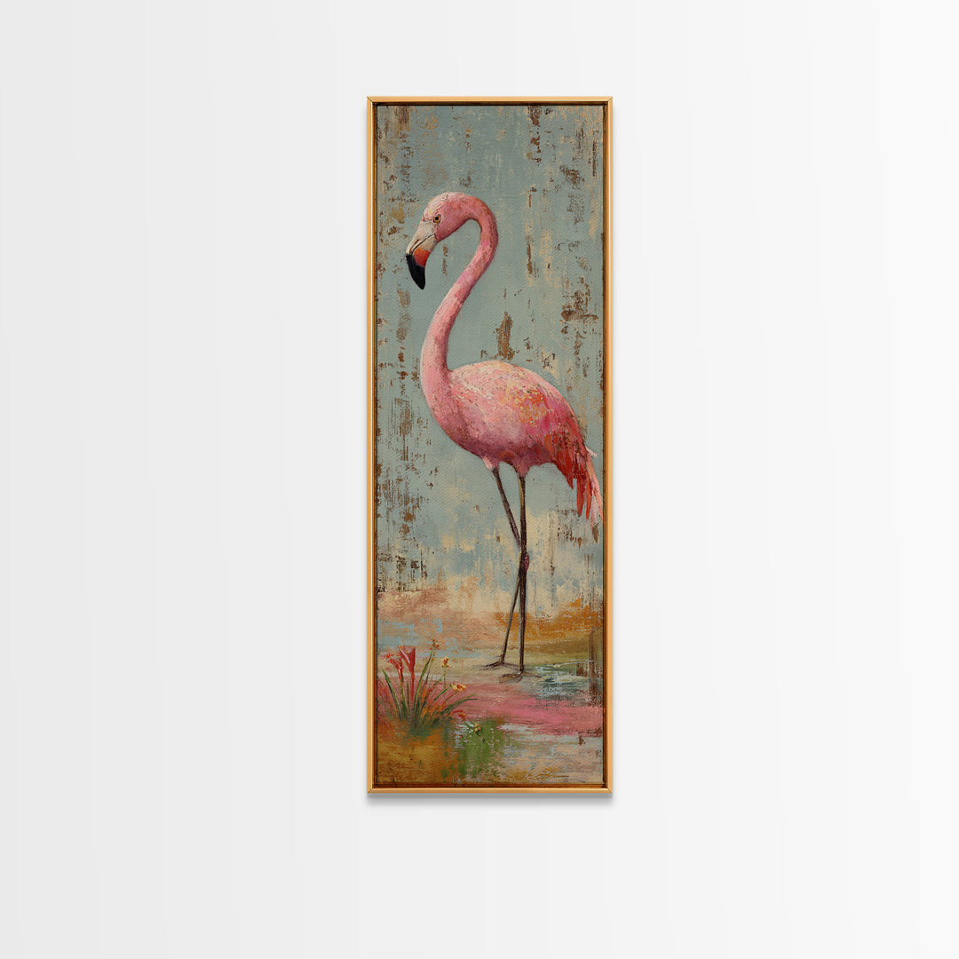 Flamingos in Pink Shallow Water Framed Canvas Print, Wildlife Art, Bird Wall Art, Living Room Decor, Watercolor Art, Wild, WIL-1x3-34