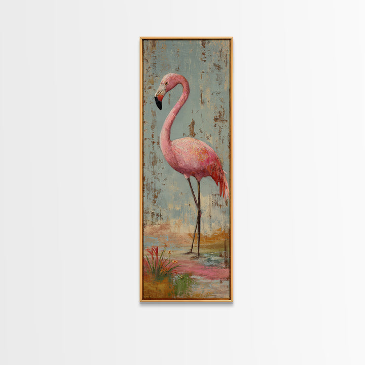 Flamingos in Pink Shallow Water Framed Canvas Print, Wildlife Art, Bird Wall Art, Living Room Decor, Watercolor Art, Wild, WIL-1x3-34