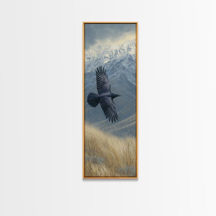 Raven Flying Through Snowy Mountains Framed Canvas Print, Wildlife Art, Living Room Decor, Watercolor Art, Wild, WIL-1x3-36