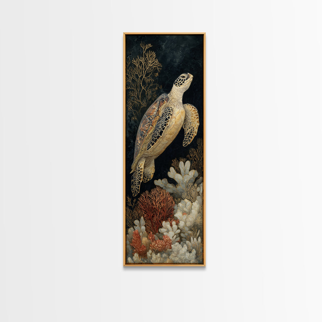 Sea Turtle over Coral Reef Framed Canvas Print, Wildlife Art, Canvas Painting, Living Room Decor, Oil Painting, Wild, WIL-1x3-54