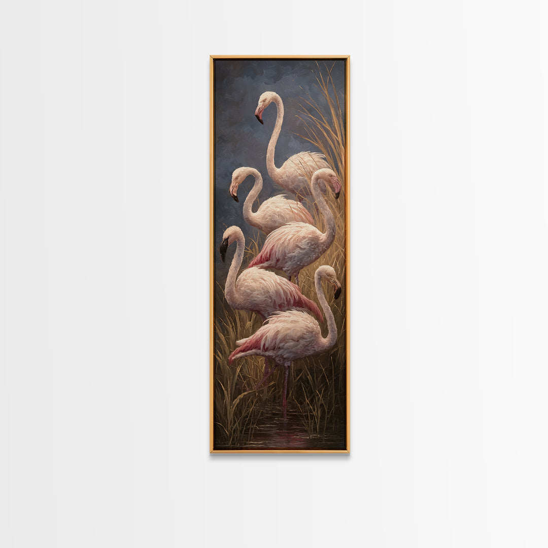 Flamingos in Pink Shallow Water Framed Canvas Print, Wildlife Art, Bird Wall Art, Living Room Decor, Watercolor Art, Wild, WIL-1x3-58