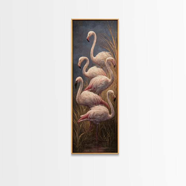 Flamingos in Pink Shallow Water Framed Canvas Print, Wildlife Art, Bird Wall Art, Living Room Decor, Watercolor Art, Wild, WIL-1x3-58