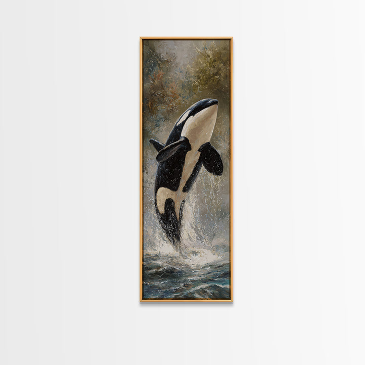 Orca Breaching in Cold Ocean Canvas Print, Wildlife Art, Wall Art Print, Living Room Decor, Oil Painting, Wild, Canvas Painting, WIL-1x3-59