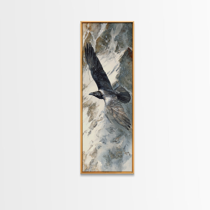 Raven Flying Through Snowy Mountains Canvas Print, Wildlife Art, Wall Decor, Living Room Decor, Wild, Living Room Wall Art, WIL-1x3-60