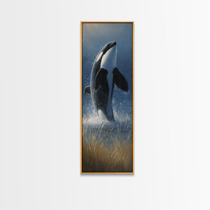 Orca Breaching in Cold Ocean Framed Canvas Print, Wildlife Art, Bird Art, Living Room Decor, Fine Art, Wild, Original Artwork, WIL-1x3-83
