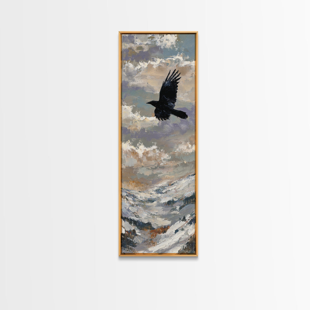 Raven Flying Through Snowy Mountains Framed Canvas Print, Wildlife Art, Original Art, Living Room Decor, Oil Painting, Wild, WIL-1x3-84