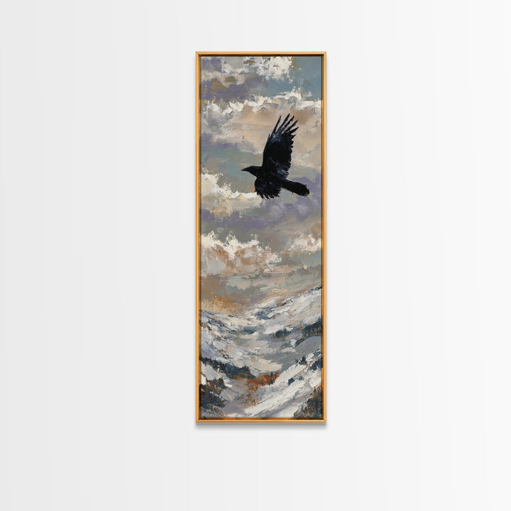 Raven Flying Through Snowy Mountains Framed Canvas Print, Wildlife Art, Original Art, Living Room Decor, Oil Painting, Wild, WIL-1x3-84