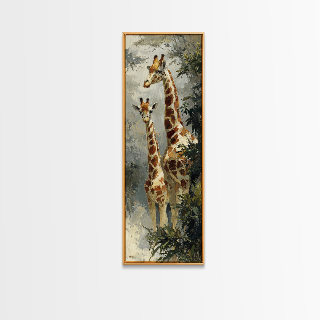 Giraffe Pair under Acacia Tree Framed Canvas Print, Wildlife Art, Bird Wall Art, Living Room Decor, Oil Painting, Wild, WIL-1x3-91