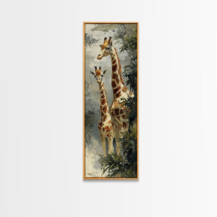 Giraffe Pair under Acacia Tree Framed Canvas Print, Wildlife Art, Bird Wall Art, Living Room Decor, Oil Painting, Wild, WIL-1x3-91