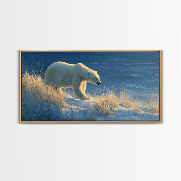 Polar Bear Crossing Blue Ice Framed Canvas Print, Wildlife Art, Bedroom Wall Art, Living Room Decor, Wild, Gallery Decor, WIL-2x1-11
