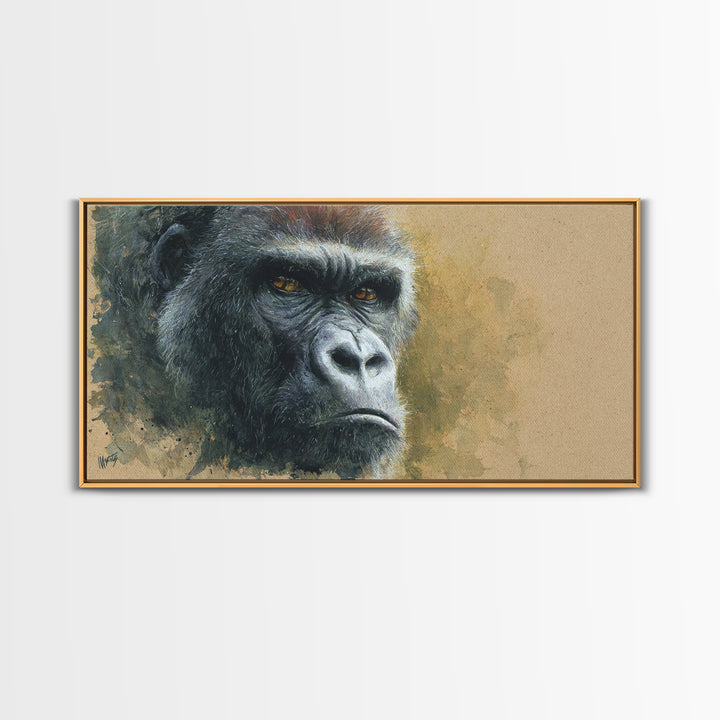 Gorilla Portrait with Powerful Gaze Framed Canvas Print, Wildlife Art, Minimalist Decor, Living Room Decor, Oil Painting, Wild, WIL-2x1-13