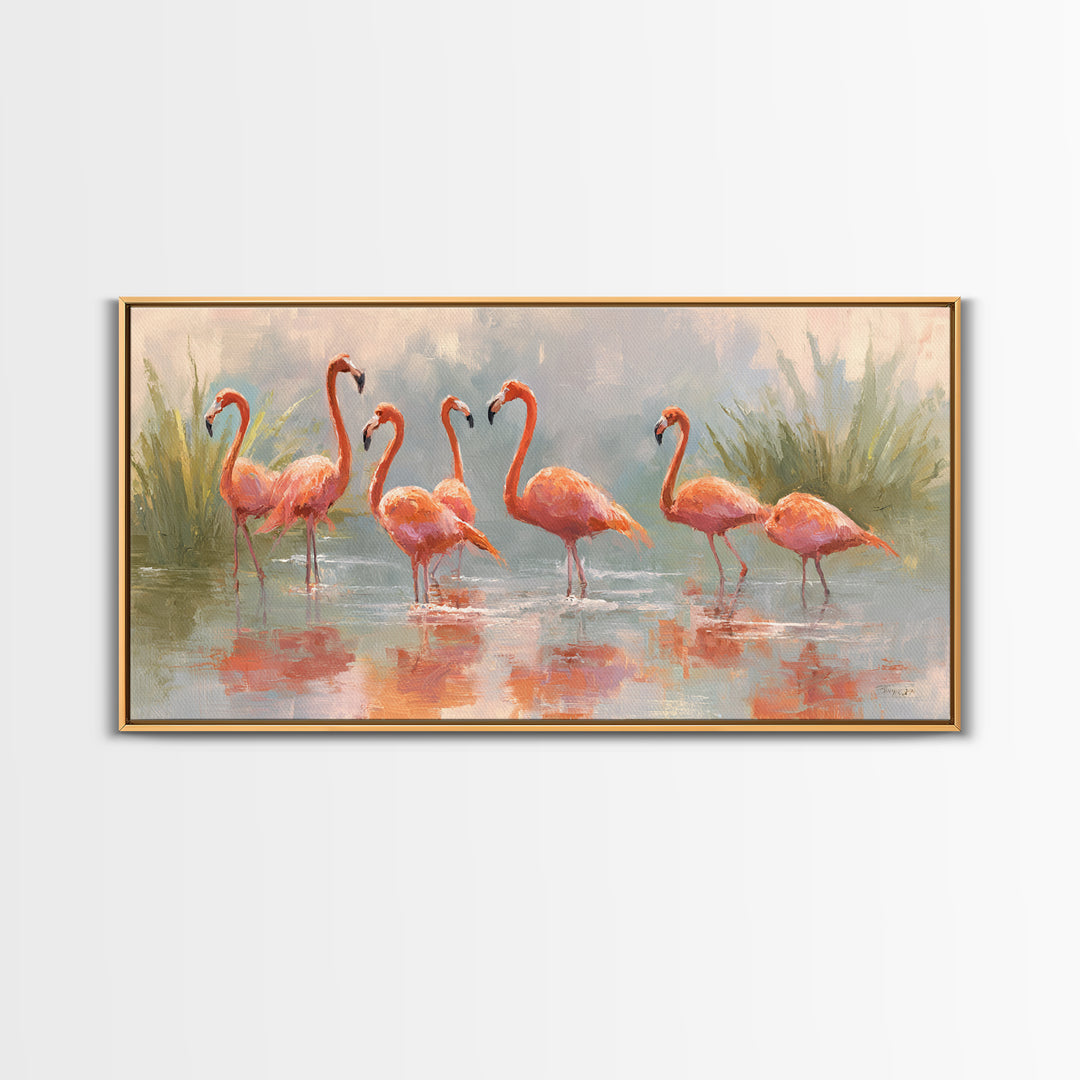 Flamingos in Pink Shallow Water Framed Canvas Print, Wildlife Art, Statement Artwork, Living Room Decor, Fine Art, Wild, WIL-2x1-18