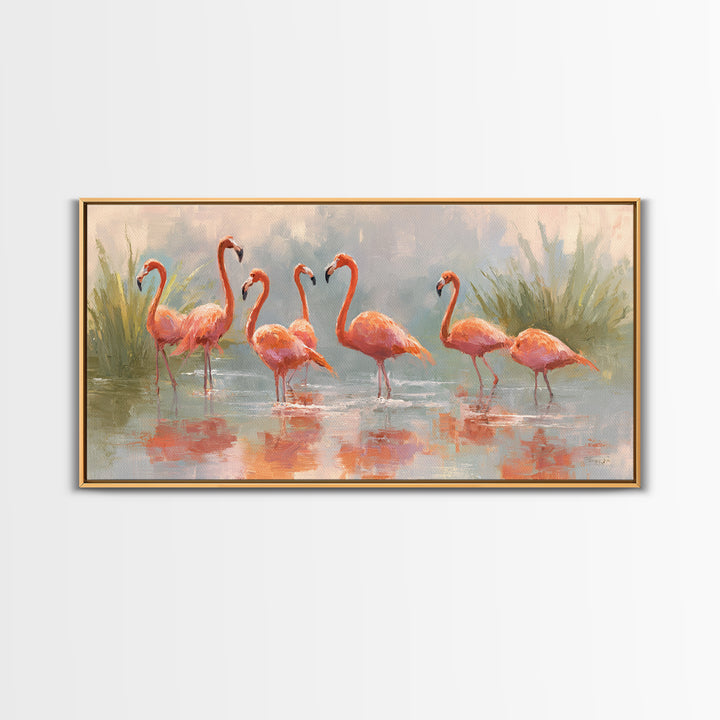 Flamingos in Pink Shallow Water Framed Canvas Print, Wildlife Art, Statement Artwork, Living Room Decor, Fine Art, Wild, WIL-2x1-18