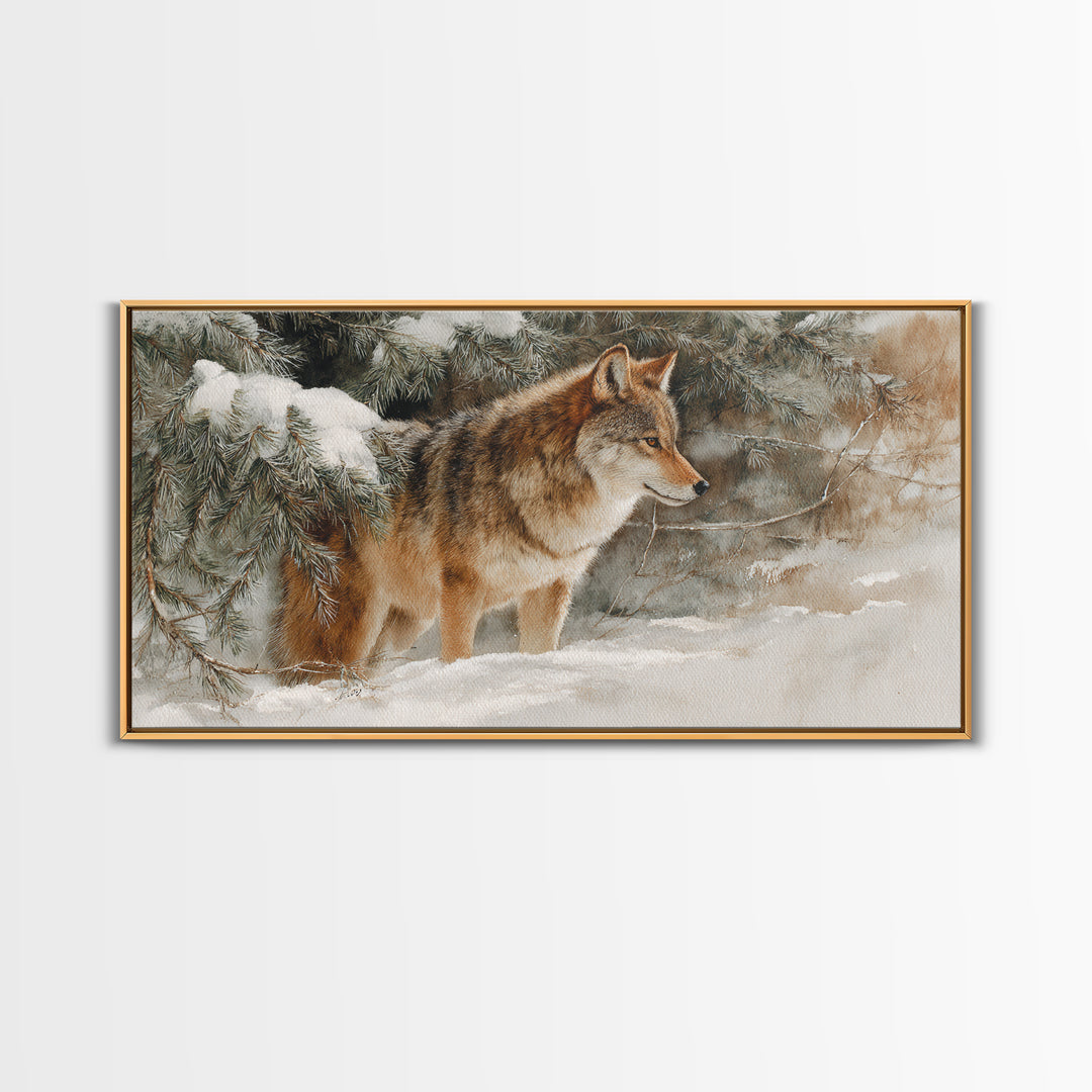 Wolf Standing Beneath Snowy Pine Trees Framed Canvas Print, Wildlife Art, Oil Painting, Living Room Decor, Watercolor Art, Wild, WIL-2x1-23