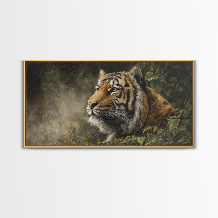 Tiger Portrait with Jungle Shadows Framed Canvas Print, Wildlife Art, Home Decor, Living Room Decor, Wild, Boho Wall Decor, WIL-2x1-25