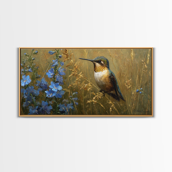 Hummingbird Beside Bright Flowers Canvas Print, Wildlife Art, Wall Art, Living Room Decor, Fine Art, Wild, Modern Wall Art, WIL-2x1-36