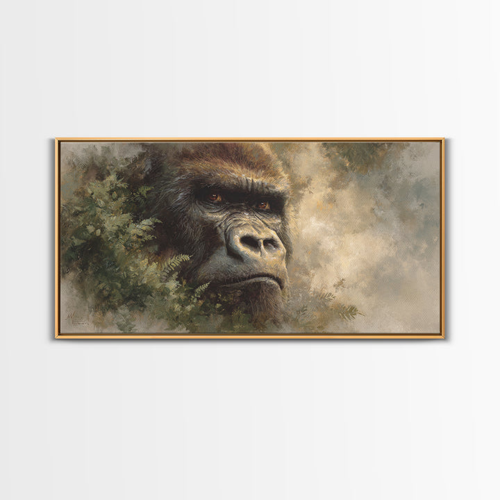Gorilla Portrait with Powerful Gaze Framed Canvas Print, Wildlife Art, Minimalist Decor, Living Room Decor, Oil Painting, Wild, WIL-2x1-37