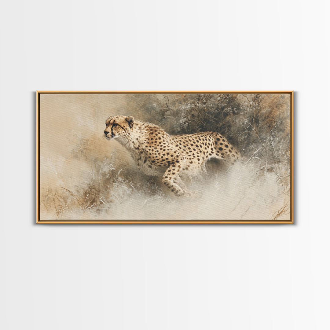 Cheetah Running Through Warm Dust Canvas Print, Wildlife Art, Contemporary Art, Living Room Decor, Wild, Wall Art Print, WIL-2x1-41