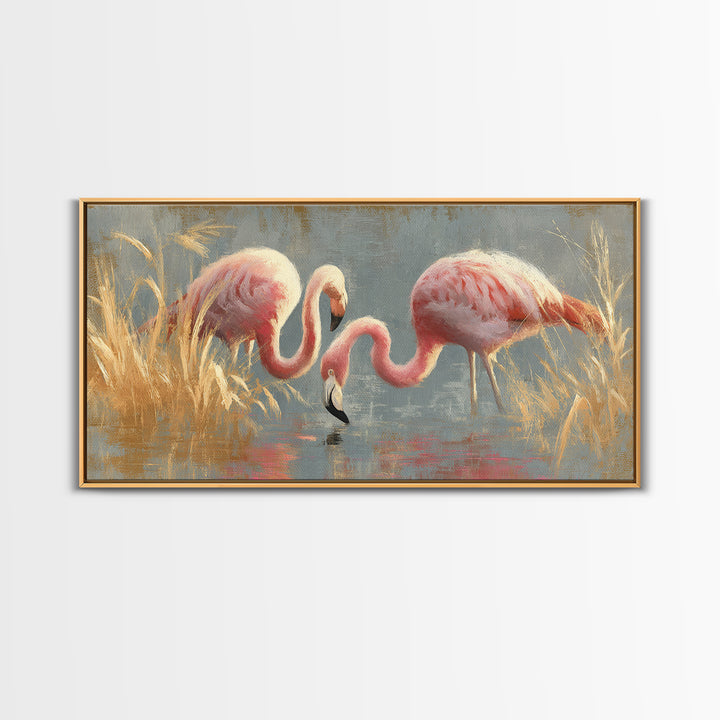 Flamingos in Pink Shallow Water Framed Canvas Print, Wildlife Art, Statement Artwork, Living Room Decor, Fine Art, Wild, WIL-2x1-42