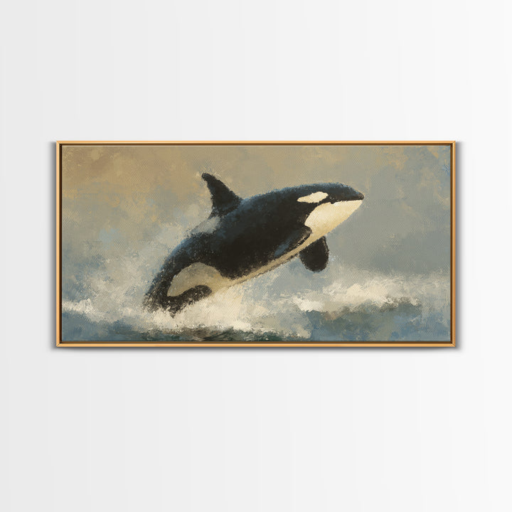 Orca Breaching in Cold Ocean Framed Canvas Print, Wildlife Art, Wall Hangings, Living Room Decor, Oil Painting, Wild, WIL-2x1-43