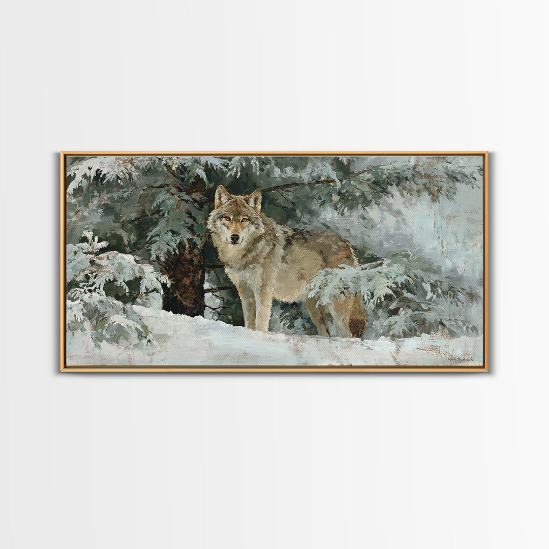 Wolf Standing Beneath Snowy Pine Trees Canvas Print, Wildlife Art, Wall Art Print, Living Room Decor, Oil Painting, Wild, WIL-2x1-47