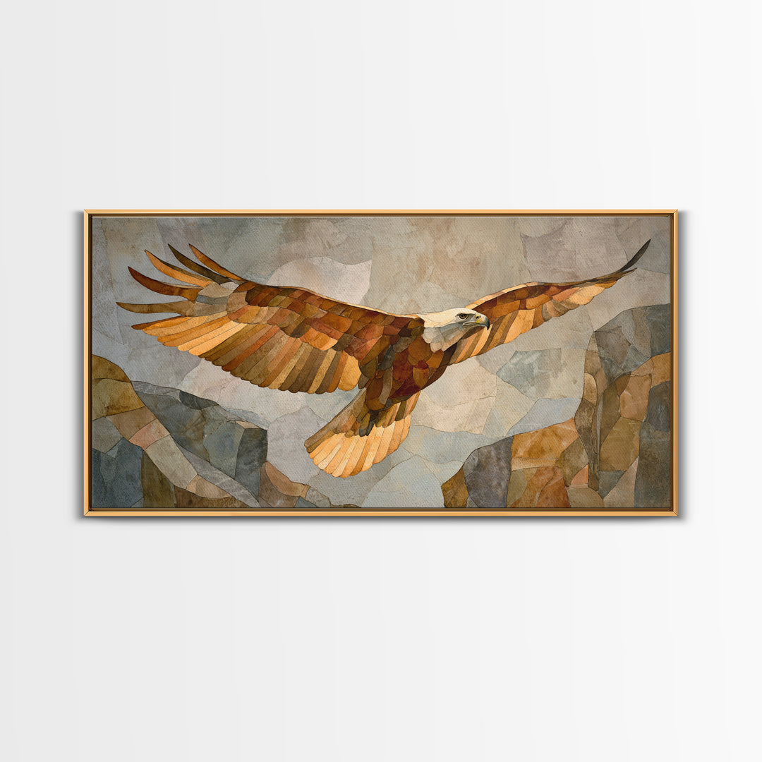 Eagle Soaring Above Rocky Cliffs Framed Canvas Print, Wildlife Art, Minimalist Decor, Living Room Decor, Fine Art, Wild, WIL-2x1-50