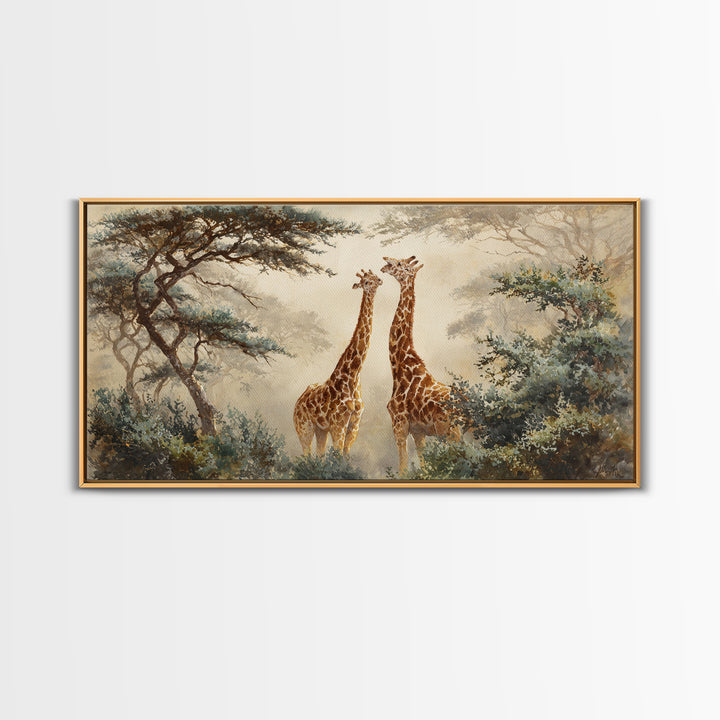 Giraffe Pair under Acacia Tree Framed Canvas Print, Wildlife Art, Modern Wall Art, Living Room Decor, Watercolor Art, Wild, WIL-2x1-51